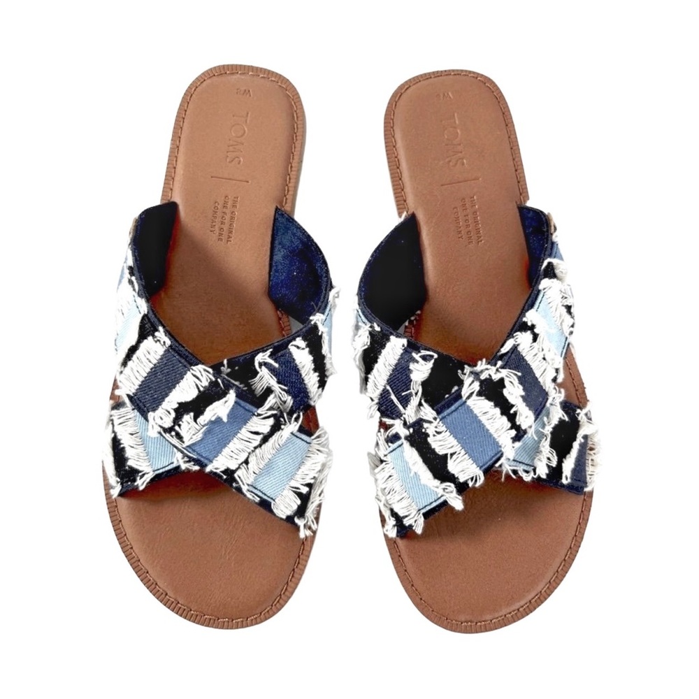 Toms Women's Brown Footbed Slide Sandals with Navy and Light Blue Frayed Straps